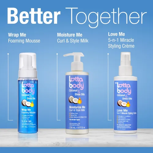 Vista 9 de Lottabody Mousse en espuma con aceite de coco y manteca de karité Wrap Me, crea envoltorios suaves, mousse para cabello rizado, define rizos