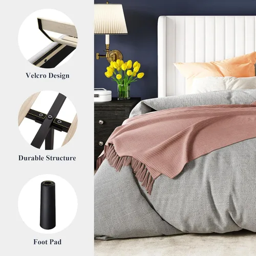 Vista 7 de Allewie Marco de cama de terciopelo tamaño Queen, cabecera capitonada con canal vertical, plataforma tapizada, listones de madera fuertes, no Blanco