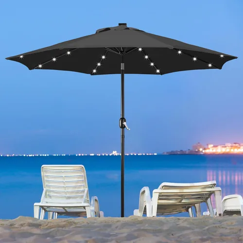 Vista 9 de Yaheetech Sombrilla solar de 9 pies para patio, sombrilla de mercado para mesa al aire libre con 8 varillas y 32 luces LED, inclinación, manivela