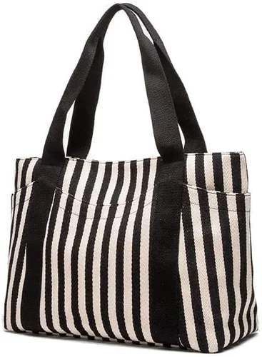Vista 5 de Canvas Tote Bag for Women, Striped Work Purse With Pockets & Zipper, Daily Use Bag for Beach, Tavel, Gym