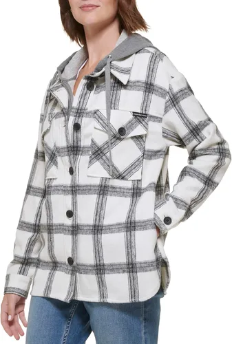Vista 3 de Calvin Klein Chaqueta tipo camisa a cuadros para mujer con babero de forro polar desmontable, MascarponeNegro Combo