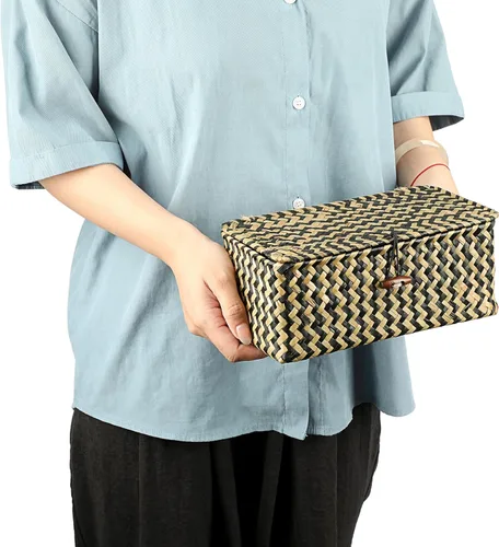 Vista 8 de Hipiwe Cesta de mimbre extra pequeña con tapa, cestas de almacenamiento de hierba marina natural, caja organizadora para el hogar, cesta