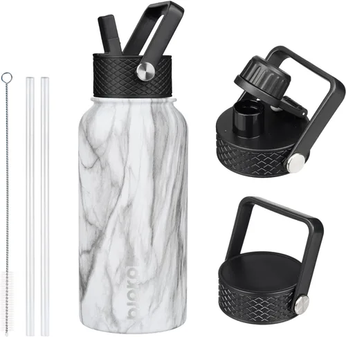 Vista 42 de BJPKPK - Botellas de agua aisladas con tapa de popote, botellas de agua de acero inoxidable de 40 onzas con 3 tapas, termo a prueba de fugas sin