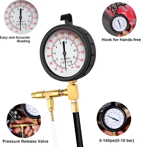 Vista 3 de BETOOLL Pro juego de medidor de presión de inyección de combustible. Manómetro de 0-140 PSI.