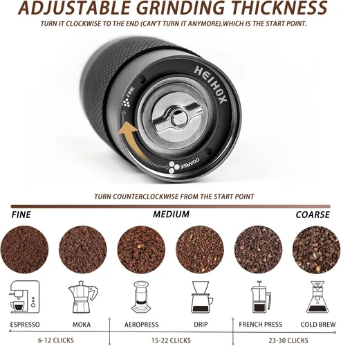 Vista 2 de Molinillo de café manual – HEIHOX Hand con molino de rebabas cónico ajustable de acero inoxidable, capacidad de 1.06 oz (30 g), molinillo portátil