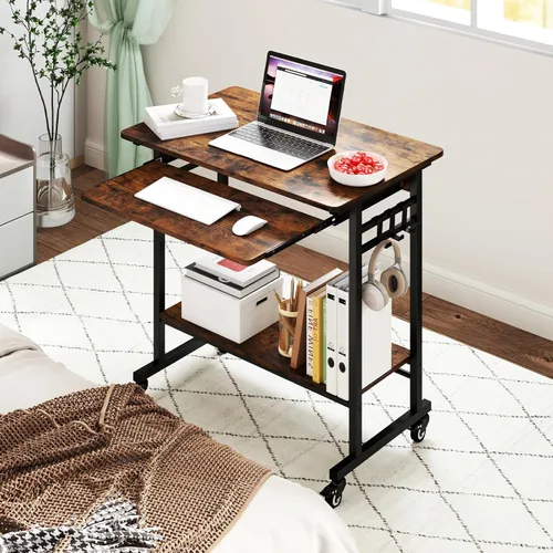 Vista 7 de Giantex Escritorio para computadora con ruedas, escritorio móvil con bandeja para teclado y ruedas, carrito de mesa portátil para computadora