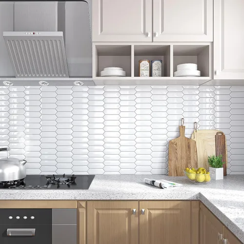 Vista 2 de VEELIKE Azulejos hexagonales largos blancos para salpicaduras en muro de cerámica, azulejos de pared blancos para despegar y pegar, 6 hojas traseras