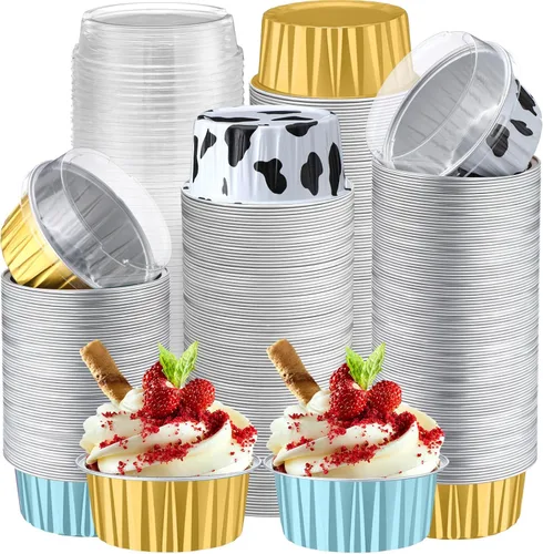 Vista 25 de Paquete de 200 forros de papel de aluminio para cupcakes con tapas, taza redonda de 5 onzas para hornear, recipiente desechable para Ramadán, Negro