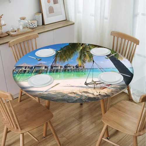 Vista 12 de Cubierta redonda con diseño de playa, borde elástico, picnic al aire libre, patio, fiesta o comedor interior, decoración de mesas de comedor, azul