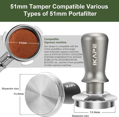 Vista 2 de IKAPE Tamper Espresso de 51 mm, Tamper de café barista premium con resorte calibrado, Tamper de acero inoxidable 100 % plano de base para máquina