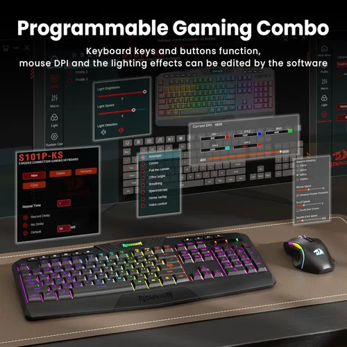 Vista 5 de Redragon S101M-KS Combo de teclado y mouse para videojuegos inalámbrico con Tri-Mode, teclado RGB y mouse para juegos de 4800 DPI, 10 teclas