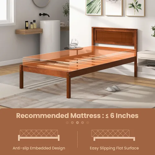 Vista 6 de Giantex Base de cama individual con cabecero, cama de plataforma de madera maciza con soporte de listones de madera, cama individual
