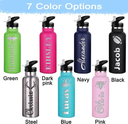 Vista 4 de Botellas de agua personalizadas con tapa de popote de 12/26 onzas con nombre grabado, logotipo, botella aislada personalizada, botellas de agua