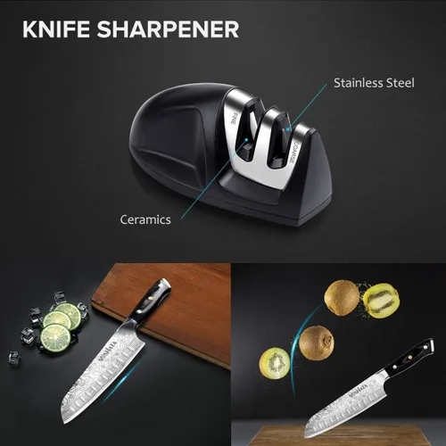 Vista 5 de MOSFiATA Cuchillo Santoku de 7 pulgadas con protector de dedos y afilador de cuchillos, acero inoxidable alemán de alto carbono EN.4116 cuchillo