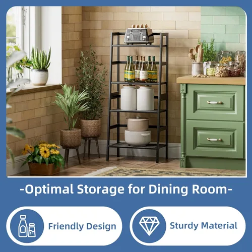 Vista 4 de HITNET Estantería negra, estante de escalera de 4 niveles, estantería inclinada independiente con estantes de bambú, soporte para plantas de flores