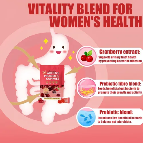 Vista 5 de Suplementos nutricionales prebióticos Gomitas probióticas para mujeres y mujeres, probióticos exclusivos con pH equilibrado, control de sabores