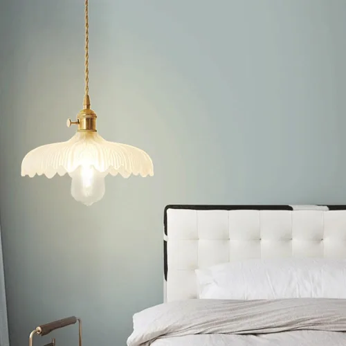 Vista 2 de Mid Century Modern Gold Pendant Lights, Nordic Retro Flower Hanging Pendant Lamp with Frosted Glass Shade, Adjustable Cord E26/E27 Base Chandelier