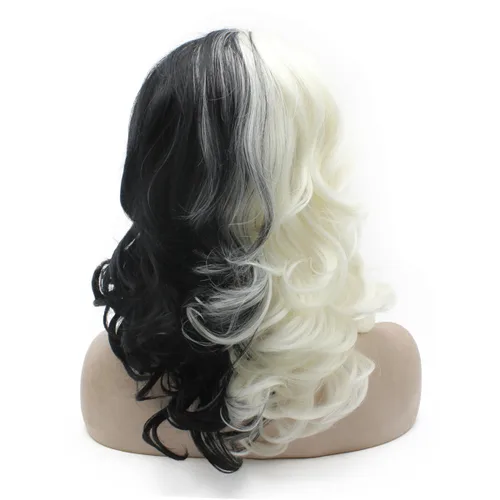 Vista 4 de Mxangel Peluca de encaje frontal de dos tonos medio negro y blanco ondulado para cosplay