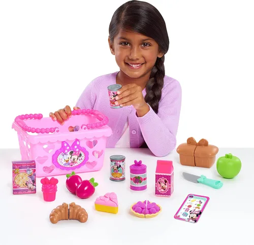 Vista 2 de Conjunto de Cesta de Compras Bowtastic de Minnie Bow-Tique de Disney Junior con Comida de Juguete y Accesorios, Juego de Simulación, Juguetes