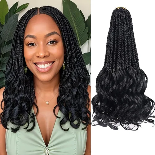 Vista 82 de Cabello de ganchillo con rizos franceses, trenzas de cabello de ganchillo con puntas rizadas, 14 pulgadas, preenlazadas, trenzas de caja tipo diosa