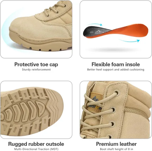Vista 5 de NORTIV 8 - Botas de trabajotácticasmilitares para hombre ,con cremallera lateral, hechas de cuero para combatemotocicleta