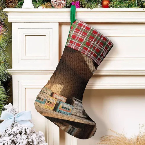 Vista 6 de Retro Cassette Tape Christmas Stocking 13.2in, Glitter Sequins Xmas Stocking with Hanging Loop, Fun Gift Bag for Holiday Party Decor, One