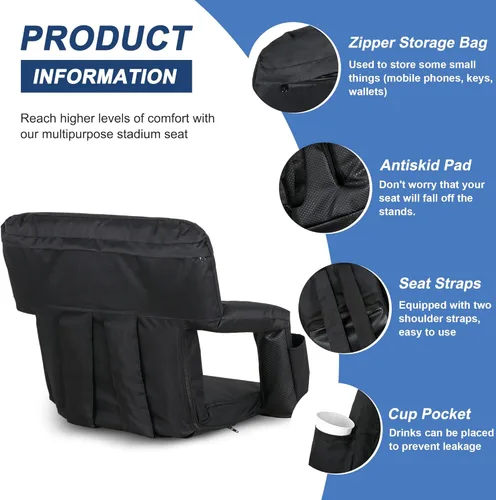 Vista 5 de Nova Microdermabrasion Asiento de estadio de 20.5 pulgadas / 25 pulgadas de ancho para gradas con soporte de espalda, cojín acolchado portátil