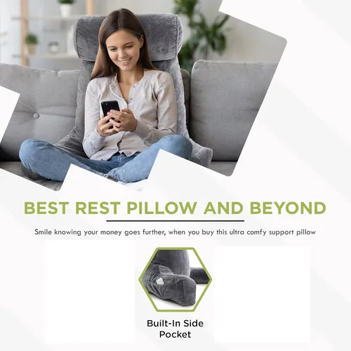 Vista 2 de Almohada de lectura extra grande: respaldo para cama o silla con brazos de apoyo, respaldo de espuma viscoelástica triturada para juegos de lectura