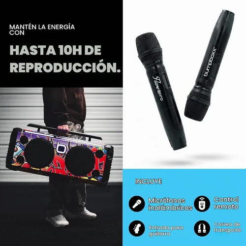 Vista 6 de Bumpboxx Flare8 Pro Boombox Bluetooth portátil, negro, 2 micrófonos