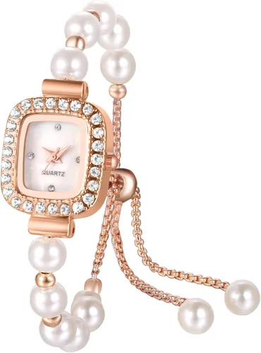 Vista 11 de JewelryWe Conjunto de reloj de pulsera de perlas: reloj de pulsera de cuarzo de oro rosa ajustable de acero inoxidable elegante con esfera redonda
