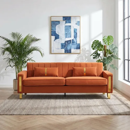 Vista 16 de Juego de sofá de 85 pulgadas, sofá de terciopelo con 2 almohadas y patas doradas, marco resistente de 750 libras, sofá moderno para dormitorio Negro