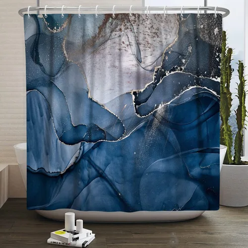 Vista 116 de Baocicco Cortina de ducha de mármol azul abstracto a rayas, decorativa, textura de lujo, línea moderna, decoración de acuarela, juego de cortinas