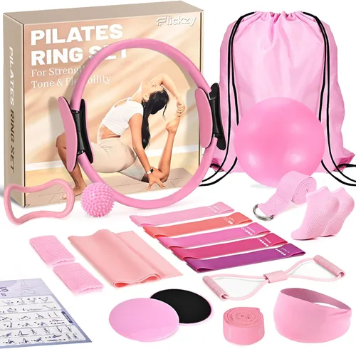 Juego de anillos de pilates para mujer, anillos de pilates de círculo mágico de 12 pulgadas con bandas de resistencia, equipo de pilates para