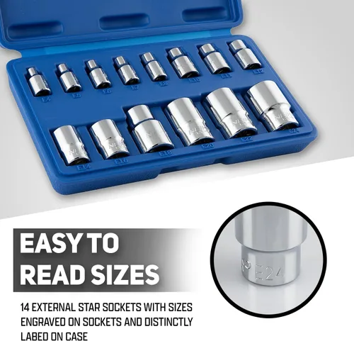 Vista 5 de NEIKO 04300A E-Torx Juego de Zócalos, 14 Piezas, Toma Torx Externa, E4 a E24, 1/4", 3/8" y 1/2" Unidad, Torx Externo Hembra, Torx Invertido, Acero