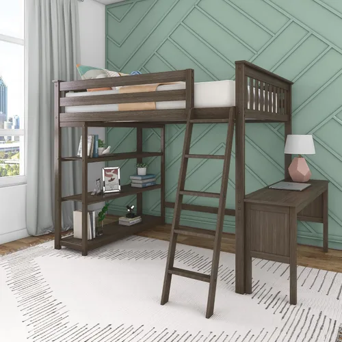 Vista 13 de Max & Lily Cama alta de tamaño matrimonial con estantería, arcilla, madera maciza, marco de cama moderno para niños/adolescentes, pino, acabado