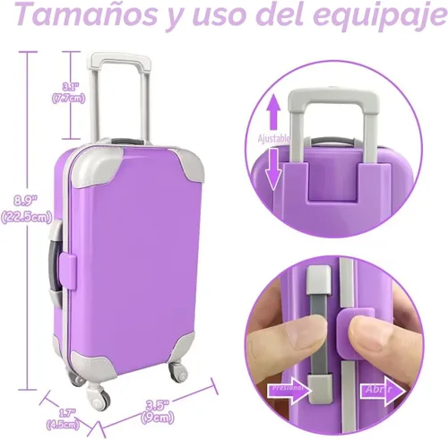 Vista 2 de Estuche de accesorios para muñeca de 18 pulgadas, juego de viaje con ropa, cámara, almohada de viaje, bolso, vestido, gafas, artículos para muñeca