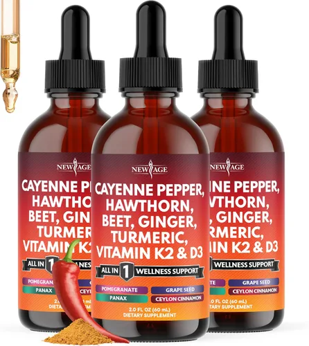Vista 10 de Suplemento de pimienta de cayena en gotas líquidas + bayas de espino, vitamina D3 K2 polvo de raíz de remolacha, canela de Ceilán, curcumina