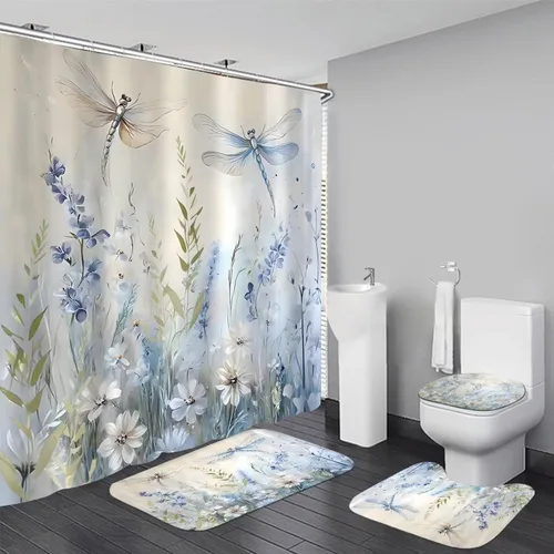 Vista 9 de DDQQ Juego de 4 cortinas de ducha de libélula de flores azules con alfombras, plantas florales neutrales, juego de decoración de baño impermeable