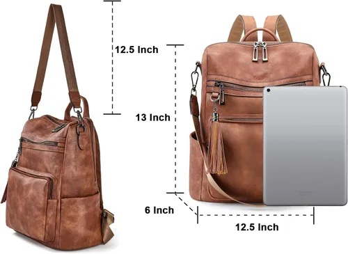 Vista 6 de OPAGE - Mochila de cuero para mujer, con borla de moda, bolso de hombro, mochila grande, bolsa de viaje, A-Marrón, L, Viajar