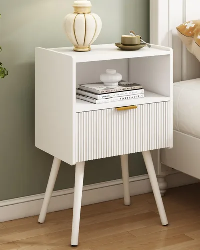 Vista 18 de JOONEE Mesita de noche negra, moderna mesita de noche con cajón de almacenamiento y estante de madera abierta, para sala de estar, dormitorio