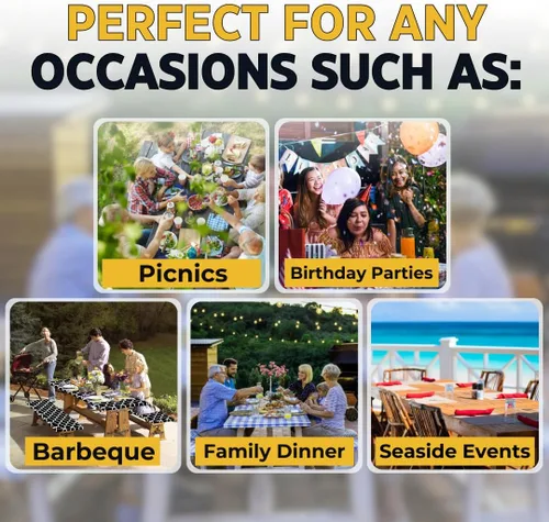 Vista 3 de RNOONY Mantel de vinilo ajustable para mesa de picnic con fundas de banco y bolsa, mantel de picnic impermeable para exteriores de 6 pies con bordes