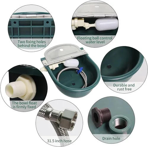 Vista 3 de Cuenco automático de agua de plástico para ganado con cubierta de acero inoxidable, bebedero para perros, ganado, caballo con válvula de flotador