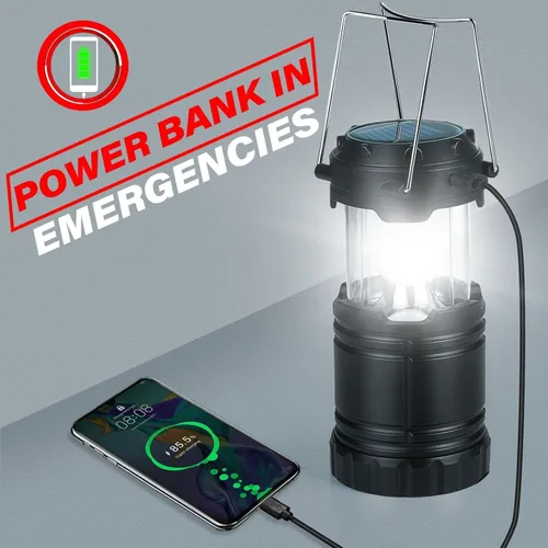 Vista 5 de Paquete de 4 linternas solares para campamento, LED recargables con batería USB/solar/AA, base magnética, gancho para colgar, plegable, impermeable