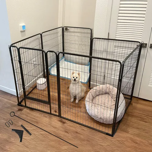 Vista 7 de Corralito de ejercicio para perros, 8 paneles, valla portátil resistente para cachorros, gatos, conejos, corralito para interiores y exteriores
