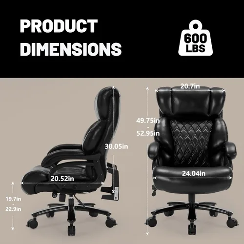 Vista 2 de Silla de oficina grande y resistente de 600 libras, silla de escritorio ergonómica para computadora, silla de cuero con respaldo alto con soporte