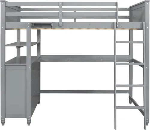 Vista 21 de Cama tipo loft de tamaño individual con estantes y escritorio, marco de cama de madera con escalera inclinada y barandilla de seguridad, adecuada