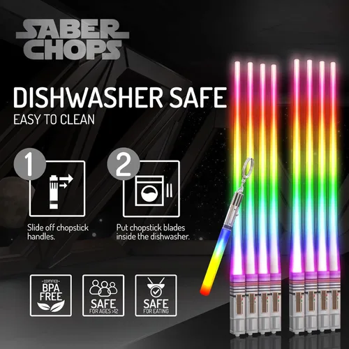 Vista 7 de Lightsable - Palillos de sable de sable de luz LED con luz brillante, palillos de sable de sushi, reutilizables, divertidos, Geeky Starwars, juego
