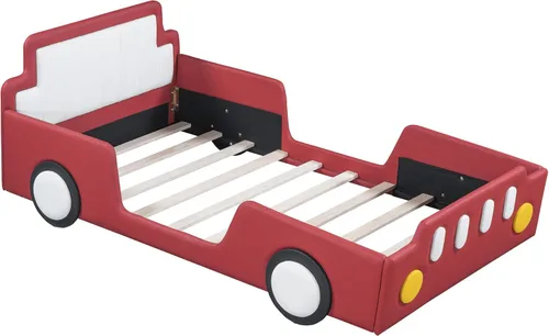 Vista 13 de Cama de plataforma en forma de auto de carreras de tamaño individual con ruedas, marco de cama de plataforma de madera con dos asientos y soporte