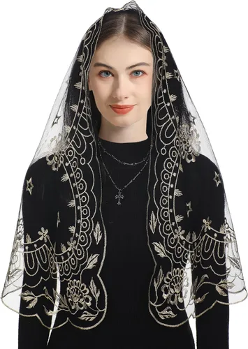 Vista 2 de Bozidol Velos triangulares de mantilla de capilla católica bordado de camelia corta bufanda de masa latina velo de encaje de iglesia con caja