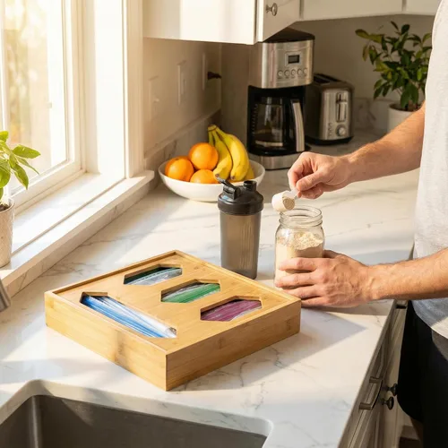 Vista 8 de Organizador de bolsas de almacenamiento de alimentos de bambú, 4 Se adapta a bolsas de galones, cuarto de galón, sándwich y aperitivos; agujeros